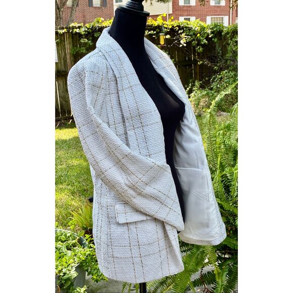 Woman’s SHEIN SZ L White Gold Frenchy Plaid Shawl Collar Open Front Blazer - Picture 6 of 8
